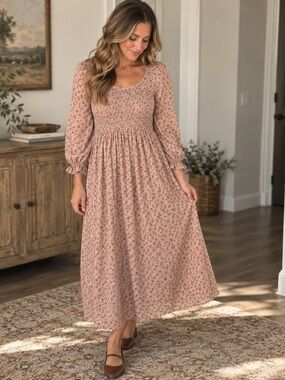 EUC Neuflora Gentry Dress Medium Smocked Waist Floral Maxi Dress - Dusty Rose
